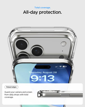 Spigen iPhone 17 Pro Max Ultra Hybrid S MagFit case in Clear White - raised screen and camera edges