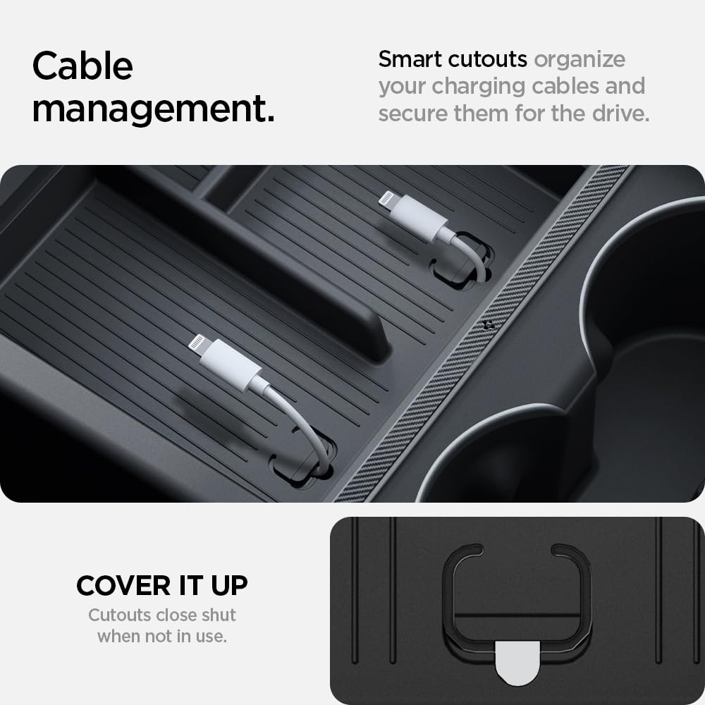 Non-slide Tesla console organizer with cable cutouts