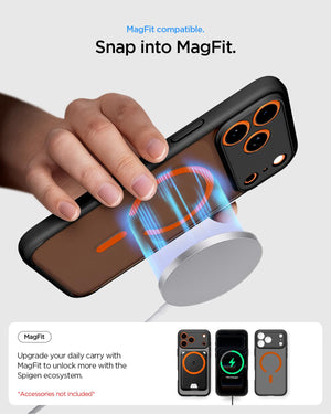 Spigen iPhone 17 Pro Ultra Hybrid MagFit case in Frost Black Orange - Camera Control access and fit details