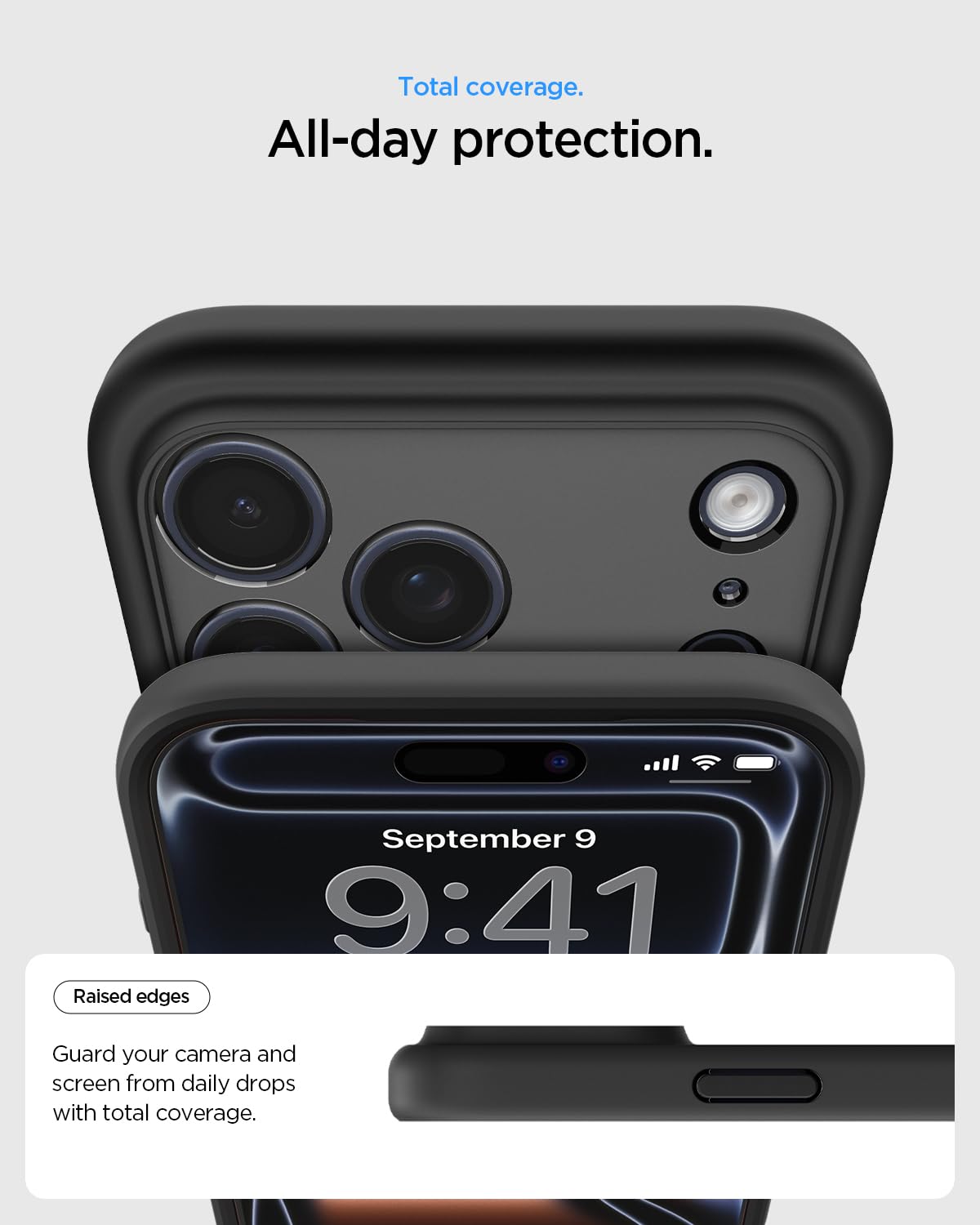 Spigen iPhone 17 Pro Ultra Hybrid MagFit case in Frost Black - raised camera and screen edge protection