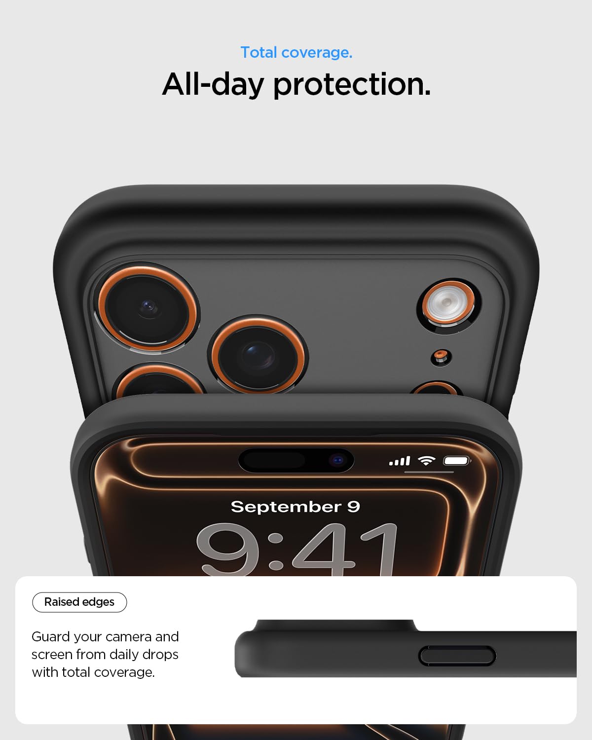 Spigen iPhone 17 Pro Ultra Hybrid MagFit case in Frost Black Orange - camera plateau protection