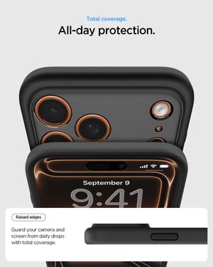 Spigen iPhone 17 Pro Ultra Hybrid MagFit case in Frost Black Orange - camera plateau protection