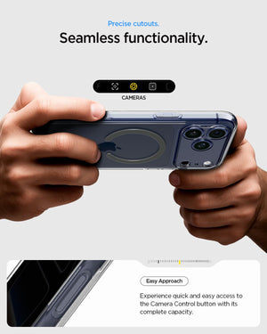 Spigen iPhone 17 Pro Ultra Hybrid MagFit case in Clear Graphite - Camera Control access and fit details