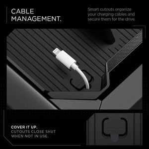 Spigen Cybertruck organizer tray cable cutout detail