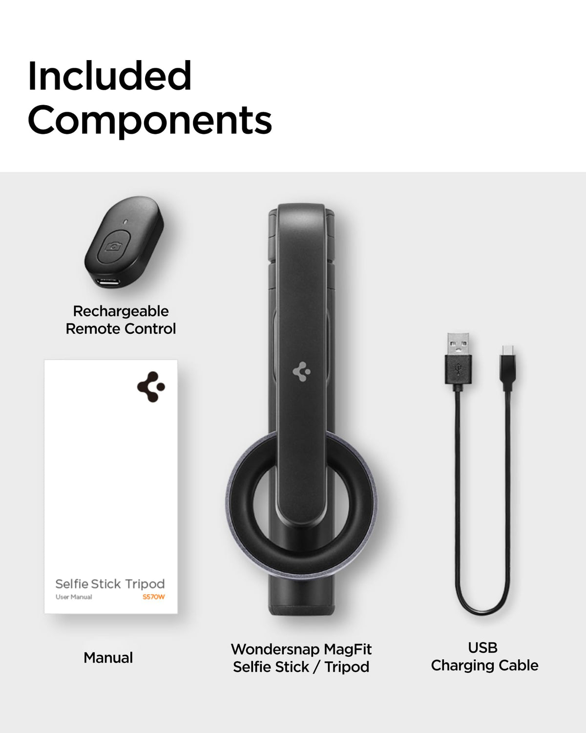 Spigen S570W 24.4-inch MagFit selfie stick tripod - package contents