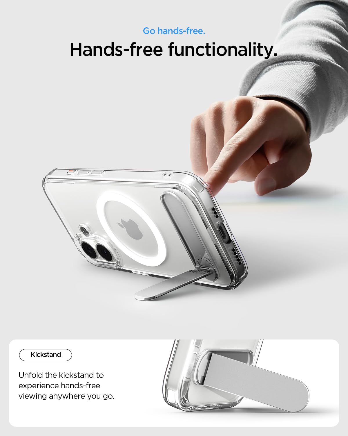 Spigen iPhone 17 Ultra Hybrid S MagFit case in Clear White - hands-free landscape viewing