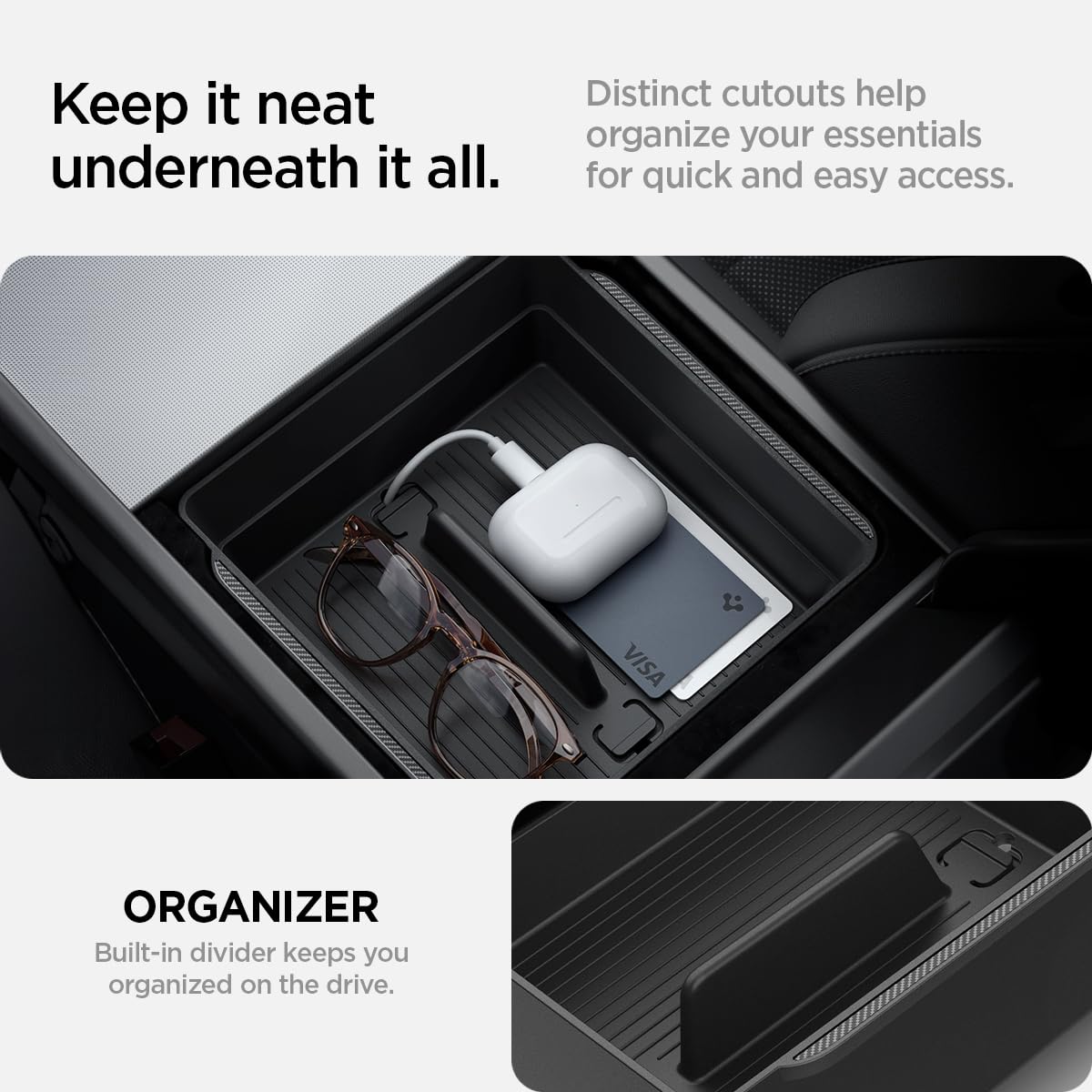 Spigen Tesla armrest organizer two-section storage detail