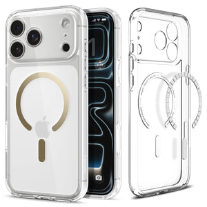 Spigen iPhone 17 Pro Ultra Hybrid MagFit case in Clear Gold - front and back product view