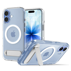 Spigen iPhone 17 Ultra Hybrid S MagFit case in Clear White - front, back and kickstand views