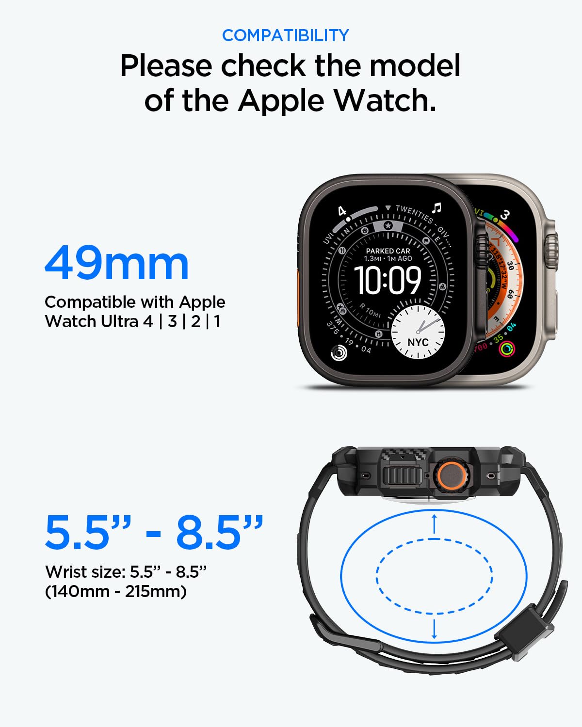 Spigen Apple Watch Ultra 4 / 3 / 2 / 1 (49mm) Case + Band – Rugged Armor Pro with Glass — 49mm Ultra 4, 3, 2 and 1 compatibility and 140–215 mm wrist adjustment