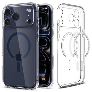 Spigen iPhone 17 Pro Ultra Hybrid MagFit case in Clear Deep Blue - front and back product view