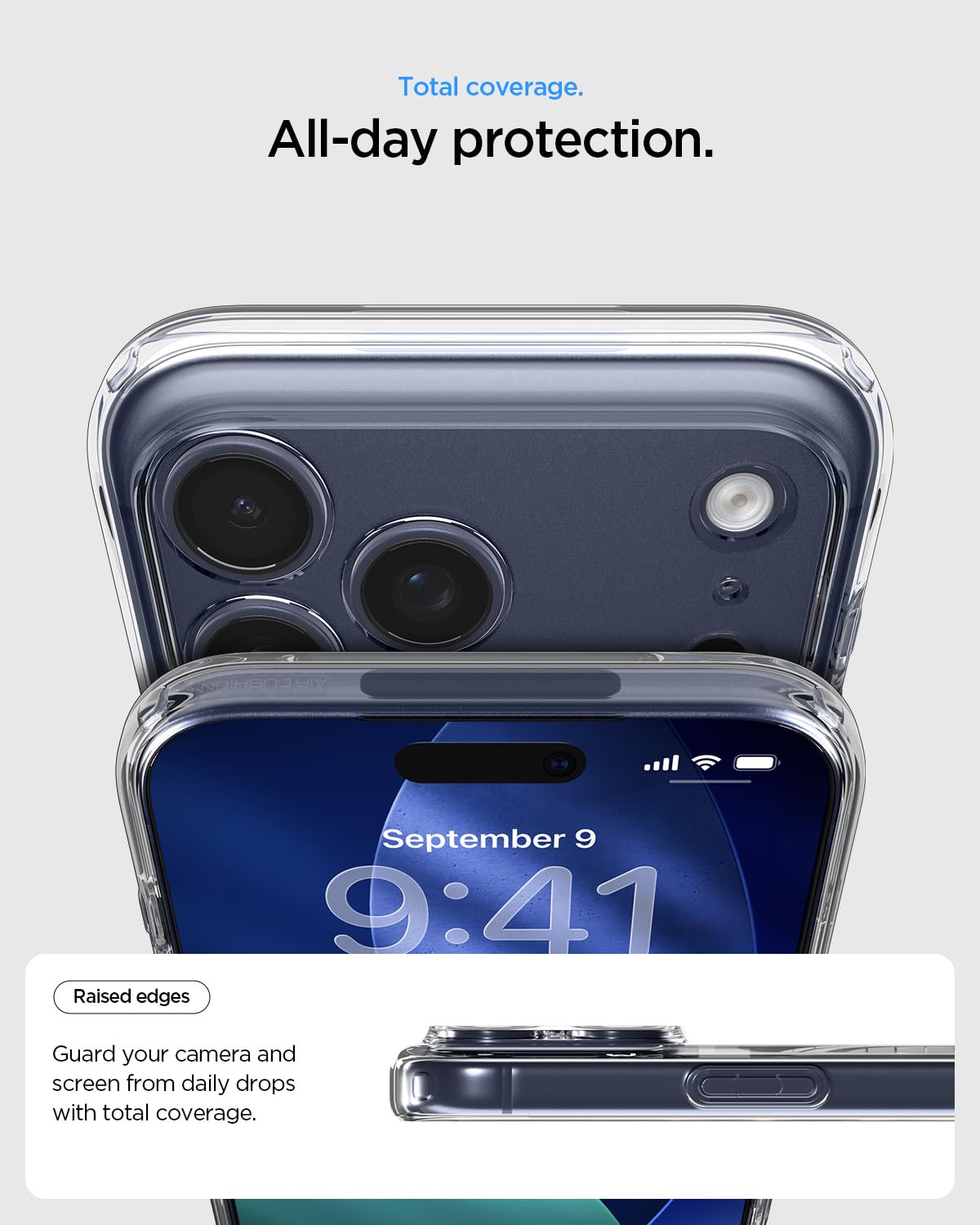 Spigen iPhone 17 Pro Ultra Hybrid MagFit case in Clear Deep Blue - raised camera and screen edge protection