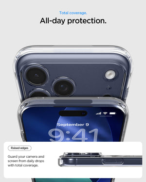 Spigen iPhone 17 Pro Ultra Hybrid MagFit case in Clear Deep Blue - raised camera and screen edge protection