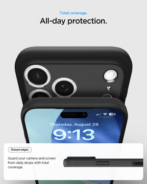 Spigen iPhone 17 Pro Ultra Hybrid case in Matte Black - raised screen and camera edges