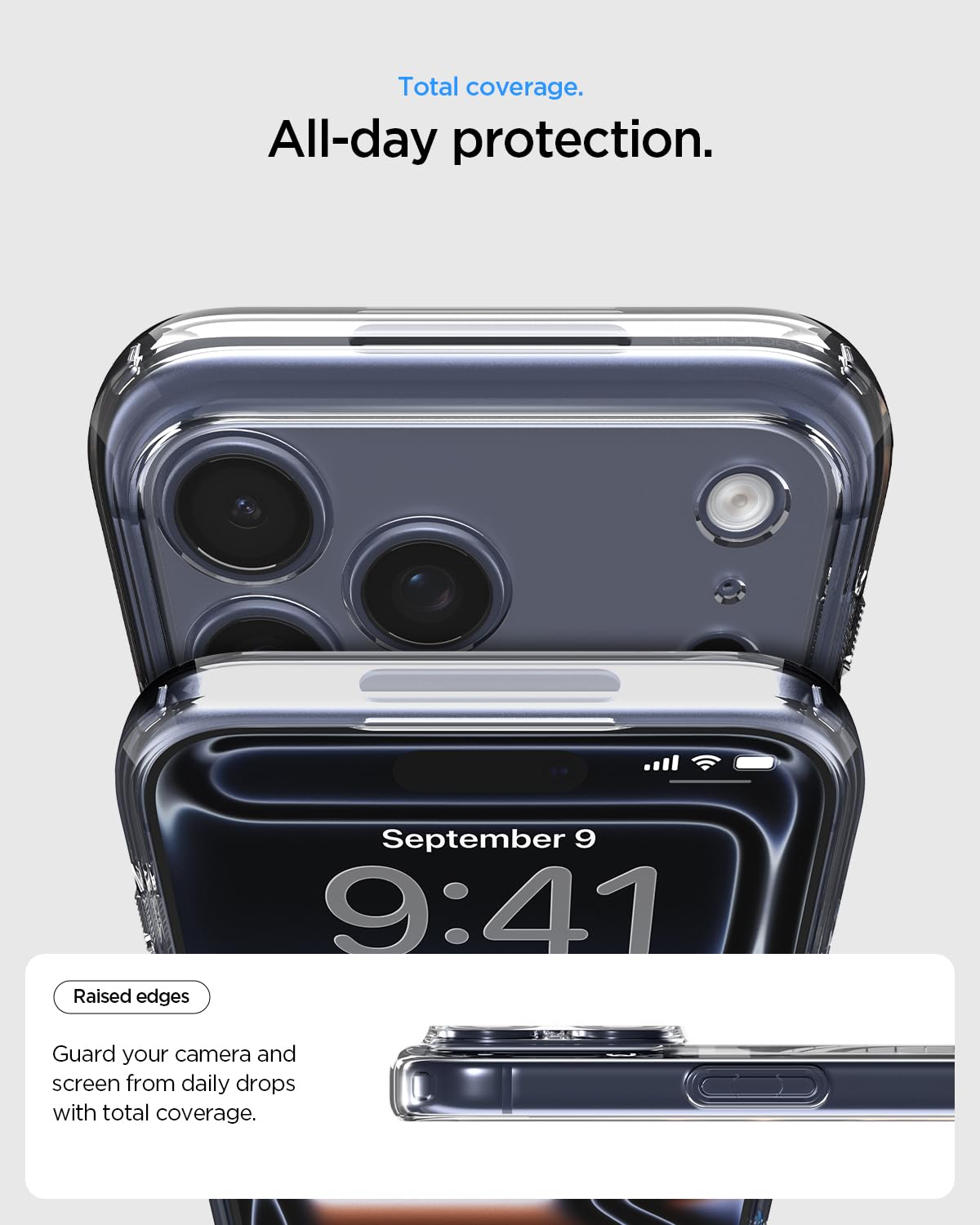 Spigen iPhone 17 Pro Ultra Hybrid MagFit case in Clear Graphite - raised camera and screen edge protection