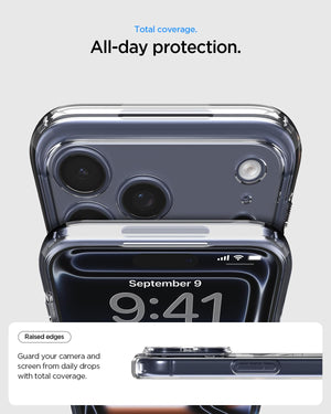 Spigen iPhone 17 Pro Ultra Hybrid MagFit case in Clear Graphite - raised camera and screen edge protection