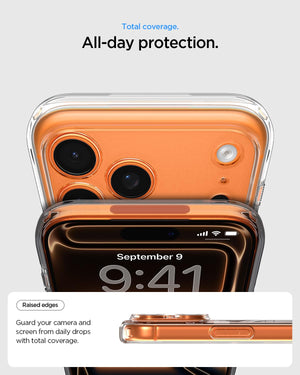 Spigen iPhone 17 Pro Ultra Hybrid MagFit case in Clear White - raised camera and screen edge protection