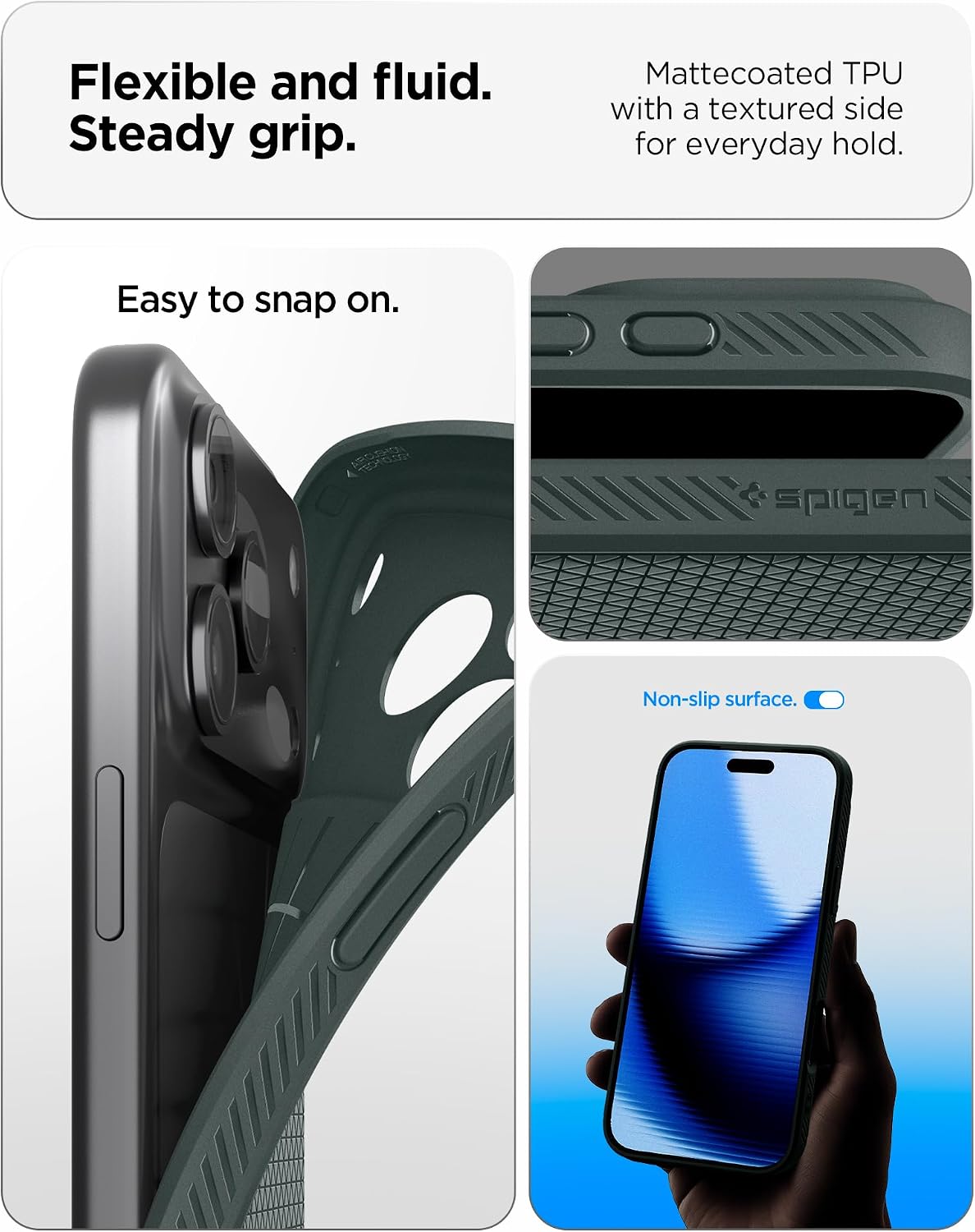 Spigen iPhone 17 Pro Liquid Air case in Abyss Green - flexible TPU and covered Camera Control details