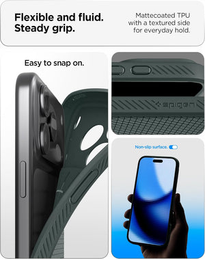 Spigen iPhone 17 Pro Liquid Air case in Abyss Green - flexible TPU and covered Camera Control details