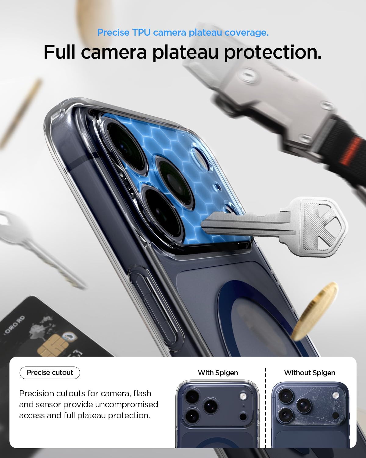 Spigen iPhone 17 Pro Ultra Hybrid MagFit case in Clear Deep Blue - camera plateau protection