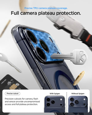 Spigen iPhone 17 Pro Ultra Hybrid MagFit case in Clear Deep Blue - camera plateau protection