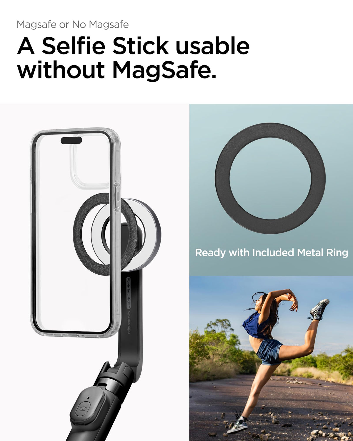 Spigen S571W 24.4-inch MagFit selfie stick tripod - magnetic phone mount detail