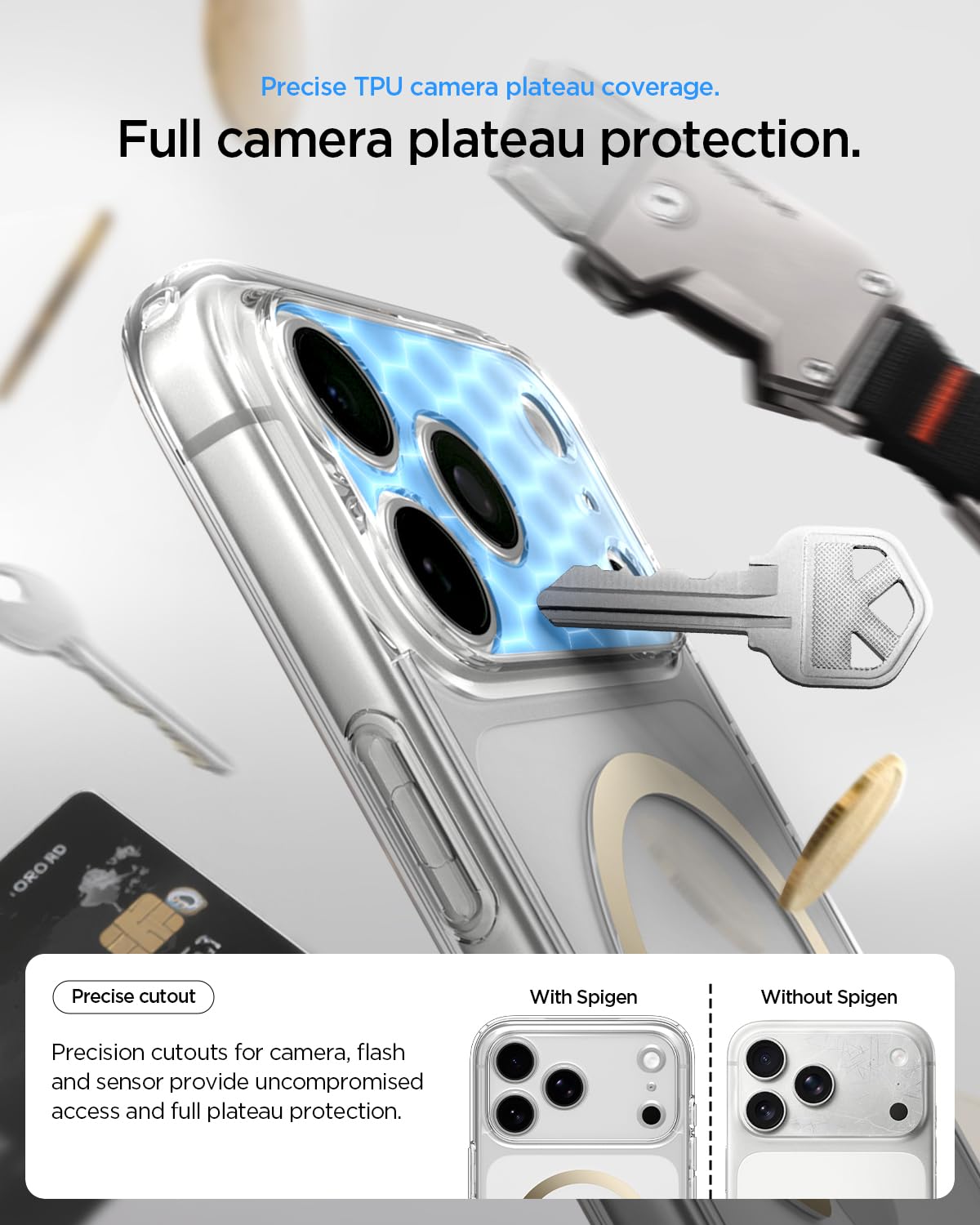 Spigen iPhone 17 Pro Ultra Hybrid MagFit case in Clear Gold - camera plateau protection