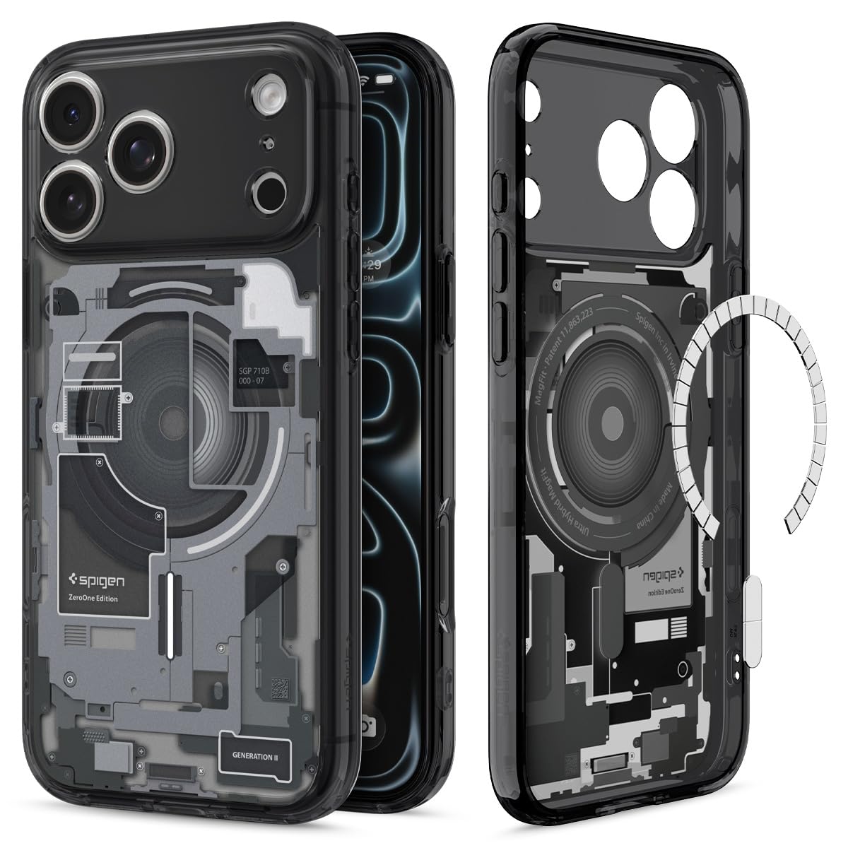 Spigen iPhone 17 Pro Max Ultra Hybrid Zero One MagFit case in Zero One Black - front and back product view