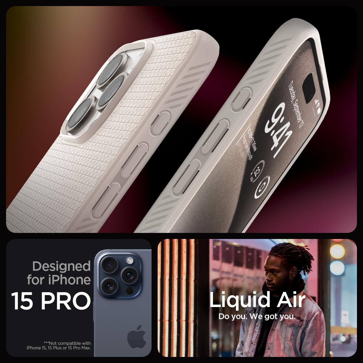 Spigen iPhone 15 Pro Max / 15 Pro / 15 Plus / 15 Case – Liquid Air - Natural Titanium