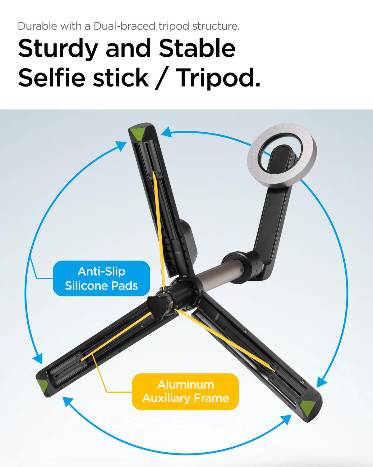 Spigen S570W 24.4-inch MagFit selfie stick tripod - usage and rotation detail