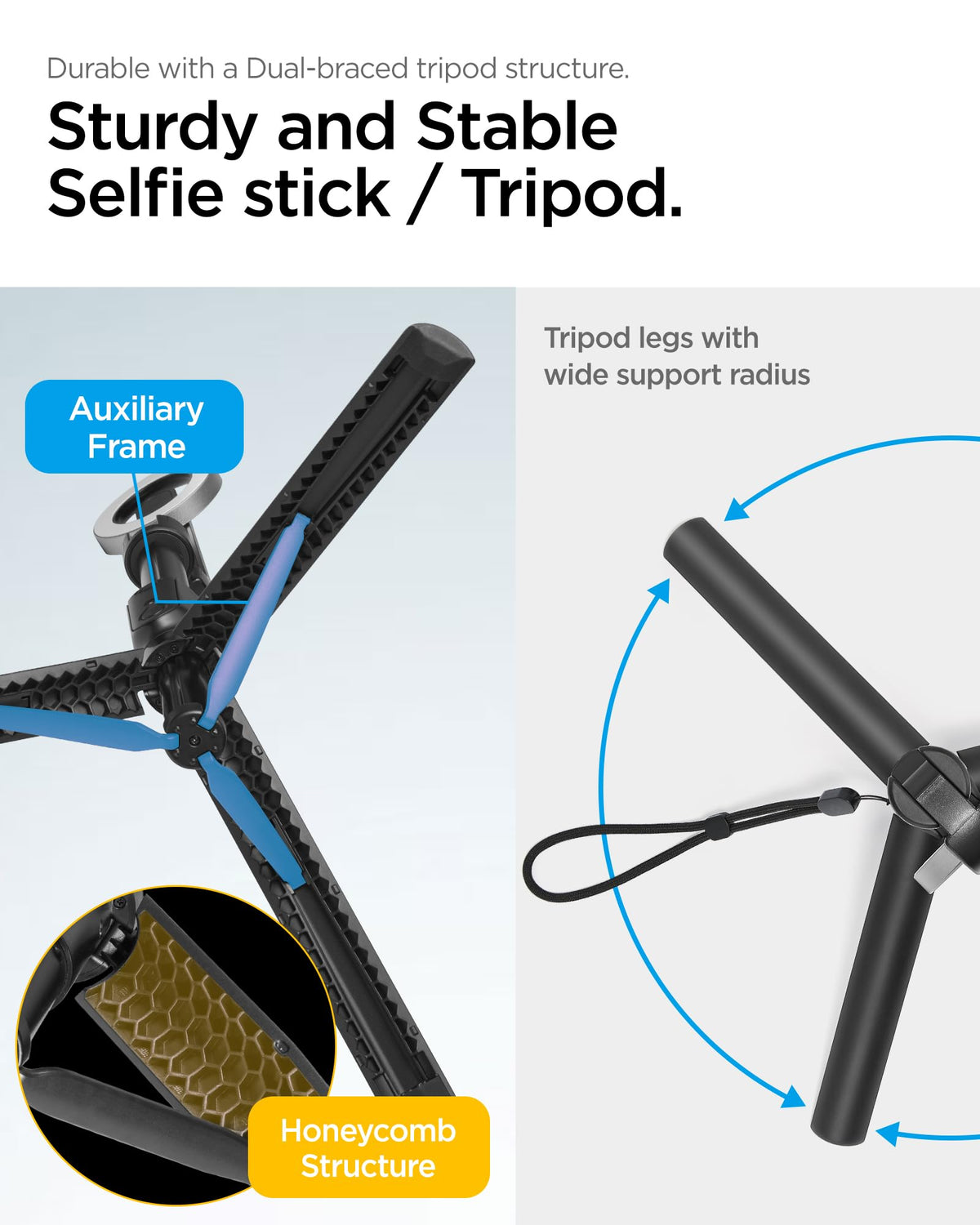 Spigen S580W 47.24-inch MagFit selfie stick tripod - usage and rotation detail