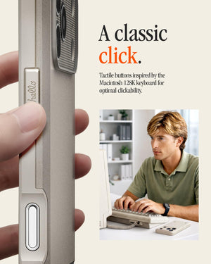 Spigen iPhone 17 Pro Max Classic LS MagFit case in Stone - tactile button details
