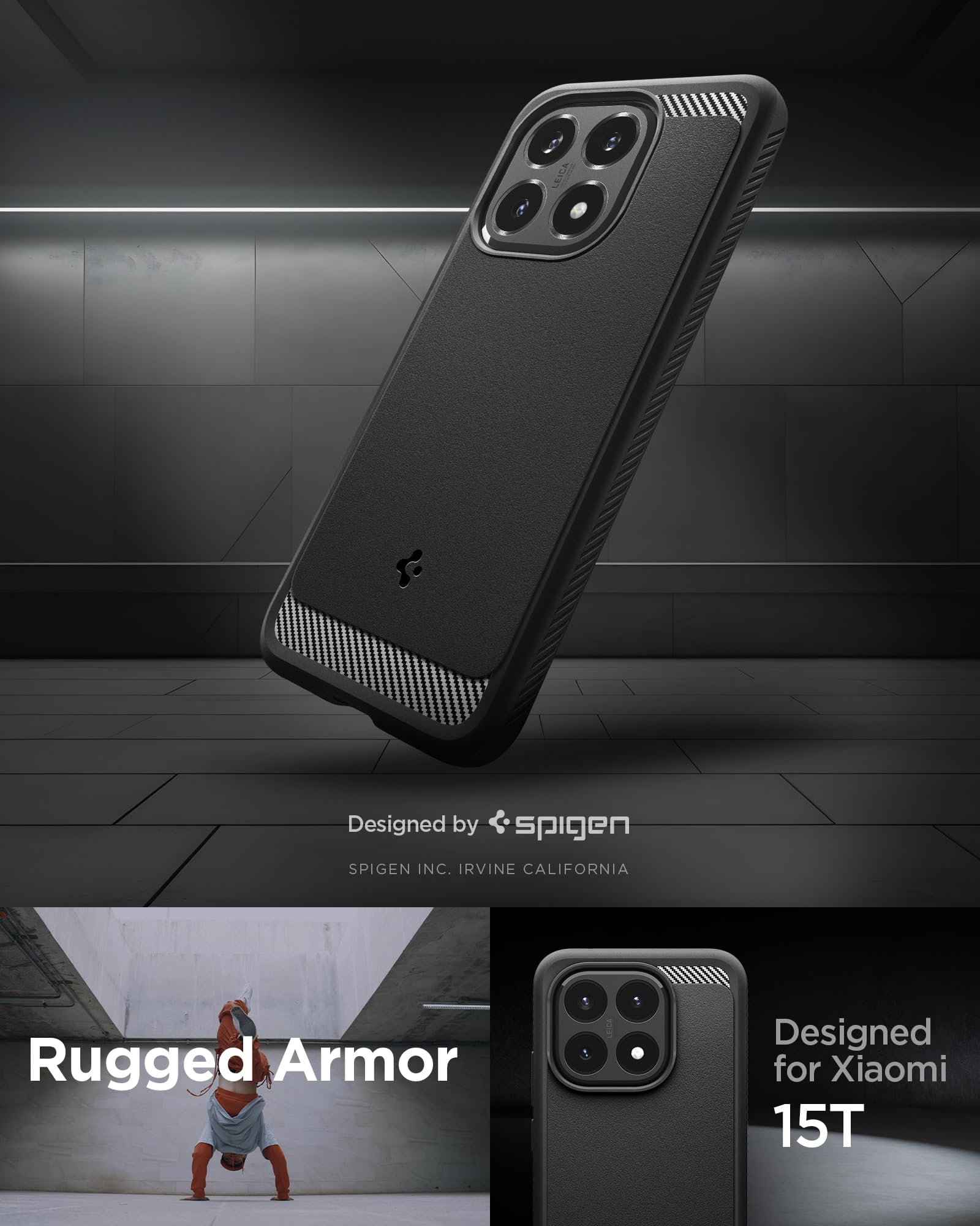 Spigen Xiaomi 15T Case – Rugged Armor matte black back and side profile