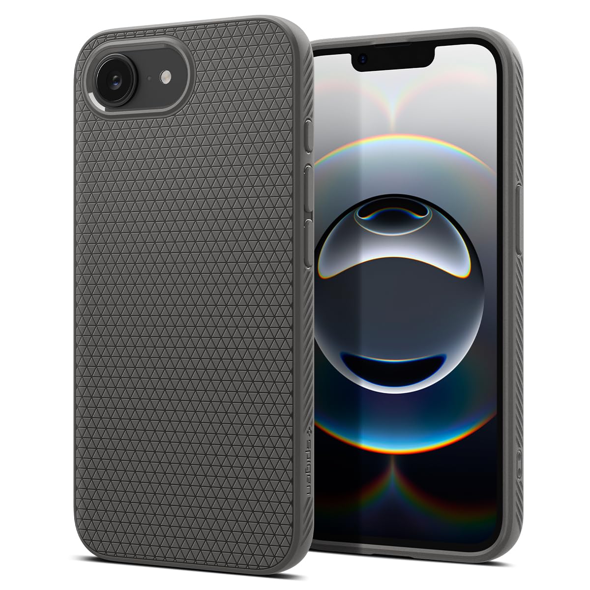 Spigen iPhone 17e and iPhone 16e Liquid Air case in Marble Gray - front and rear view with phone