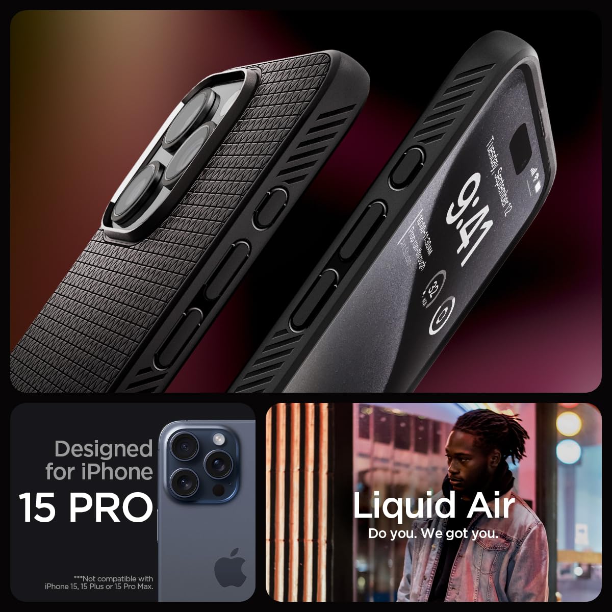 Spigen Liquid Air case for iPhone 15 Pro in Matte Black – alternate detail 1