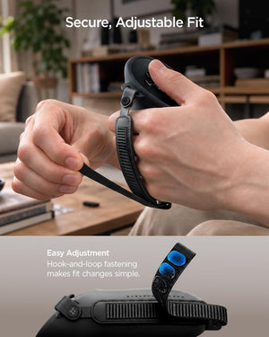 Spigen Steam Frame VR Controller Grips – Silicone Fit — Black, adjustable hook-and-loop hand strap