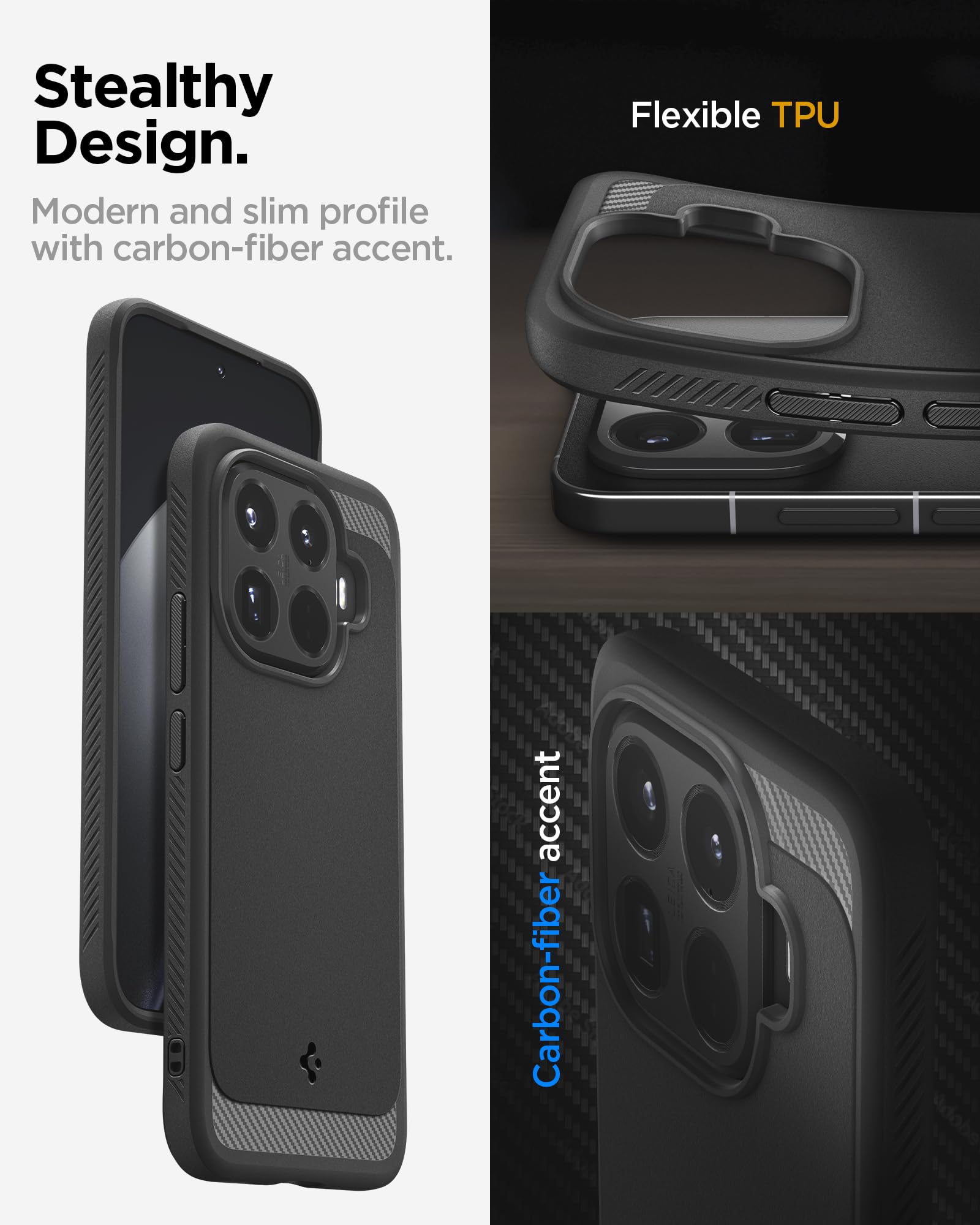 Spigen Xiaomi 15T Pro Case – Rugged Armor flexible TPU and carbon-fibre accent detail