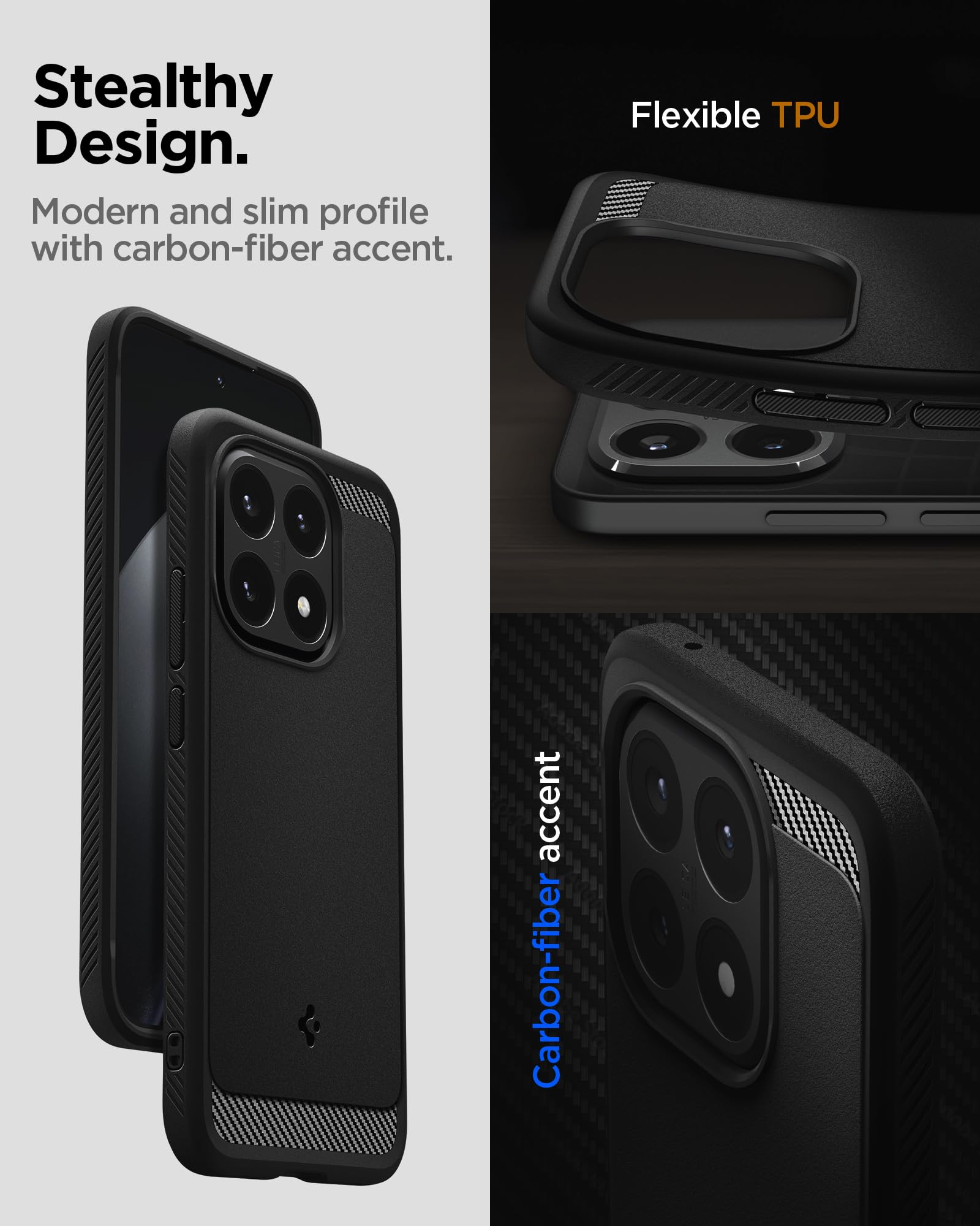 Spigen Xiaomi 15T Case – Rugged Armor flexible TPU and carbon-fibre accent detail