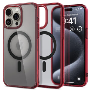 Spigen Ultra Hybrid (MagFit) case for iPhone 15 Pro in Deep Red – product image