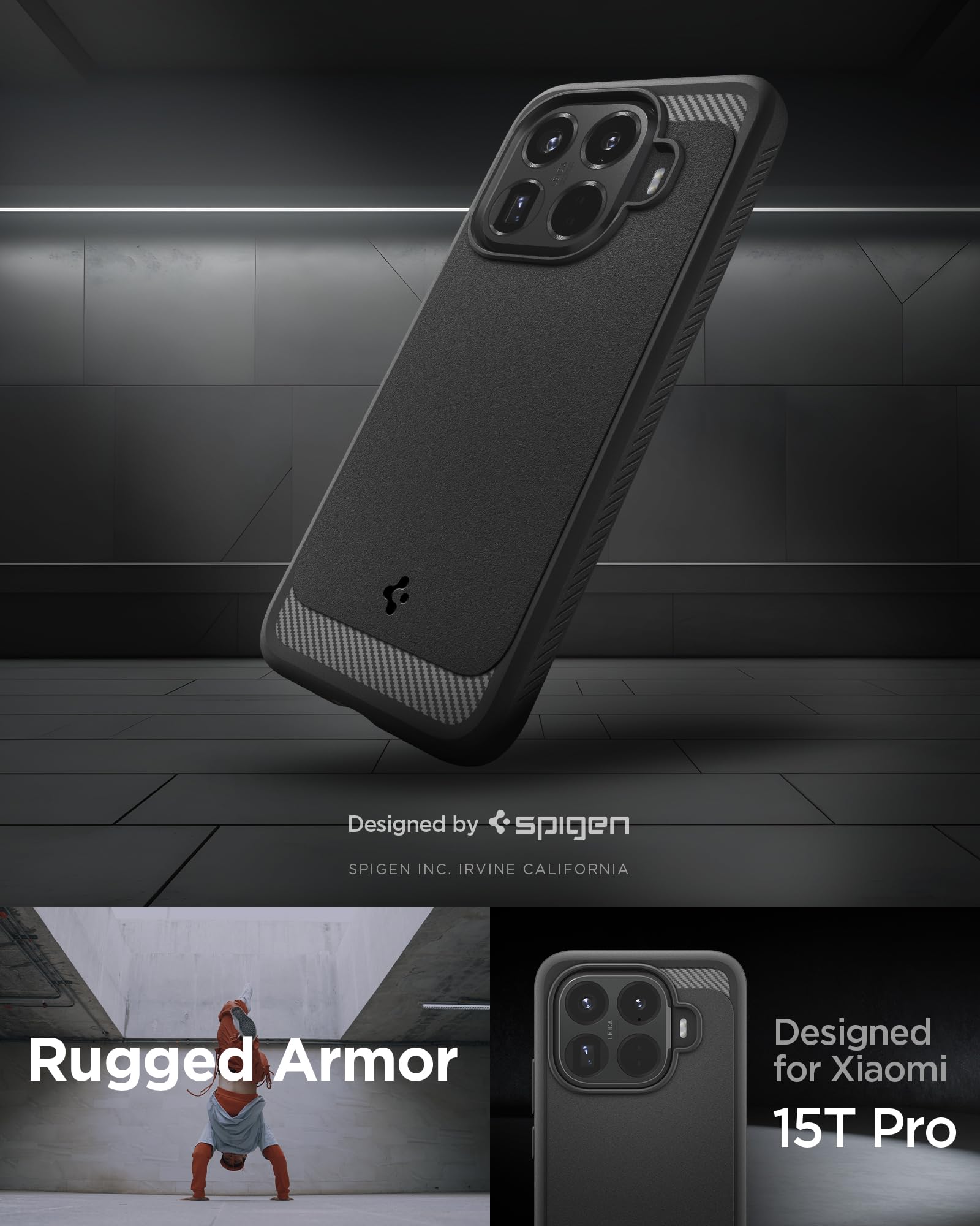Spigen Xiaomi 15T Pro Case – Rugged Armor matte black back and side profile
