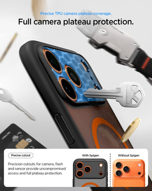 Spigen iPhone 17 Pro Ultra Hybrid MagFit case in Frost Black Orange - case design and side profile