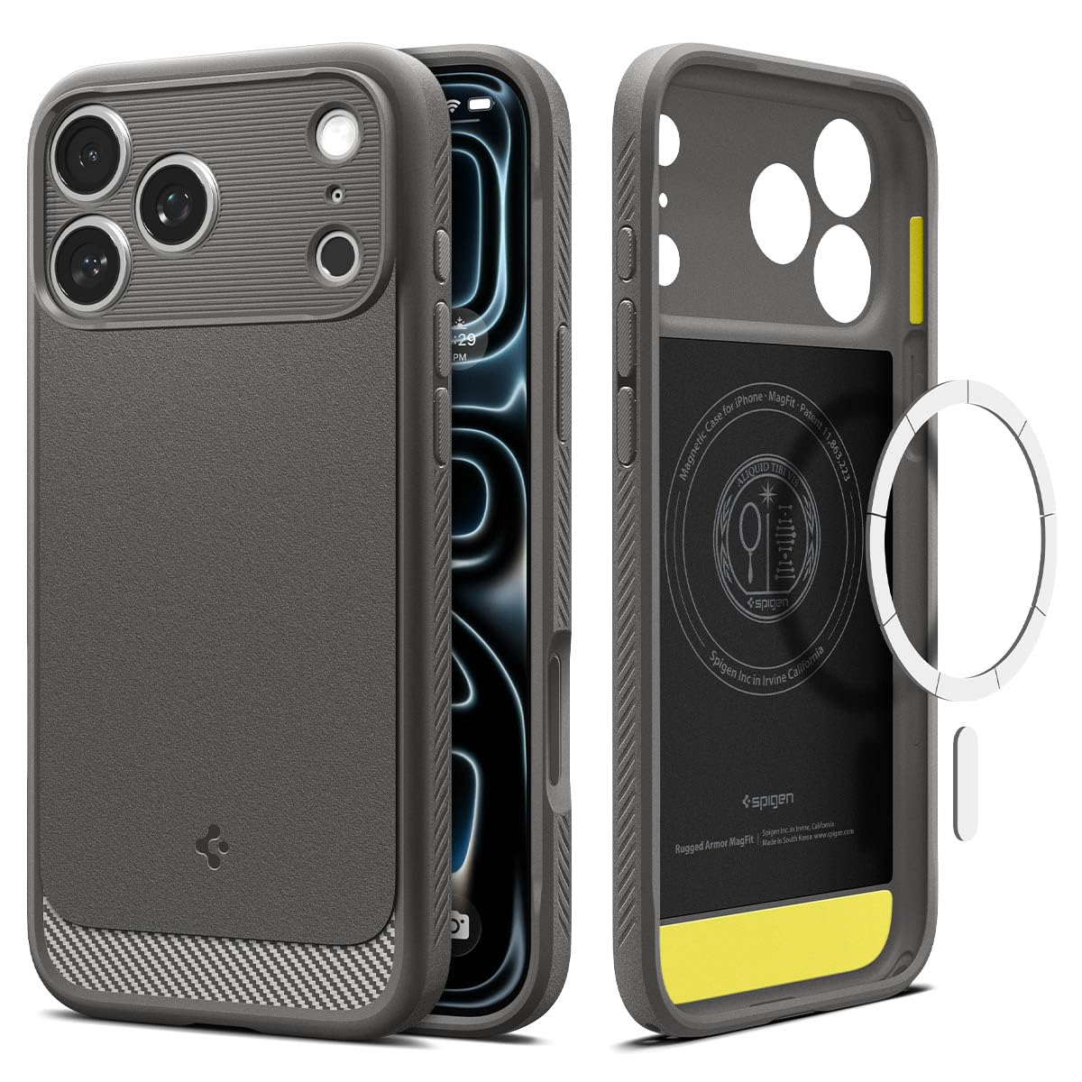 Spigen iPhone 17 Pro Rugged Armor MagFit case in Gray - front, back and interior views