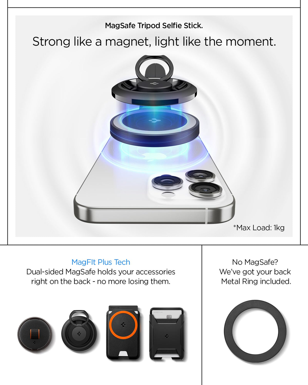 Spigen S581W 66.34-inch MagFit selfie stick tripod - magnetic phone mount detail