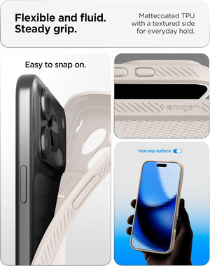 Spigen iPhone 17 Pro Liquid Air case in Natural Titanium - flexible TPU and covered Camera Control details