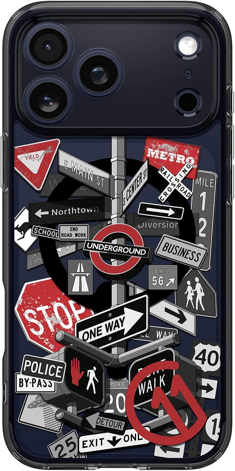 Spigen c11 Signal MagFit case for iPhone 17 Pro - road-sign artwork back view