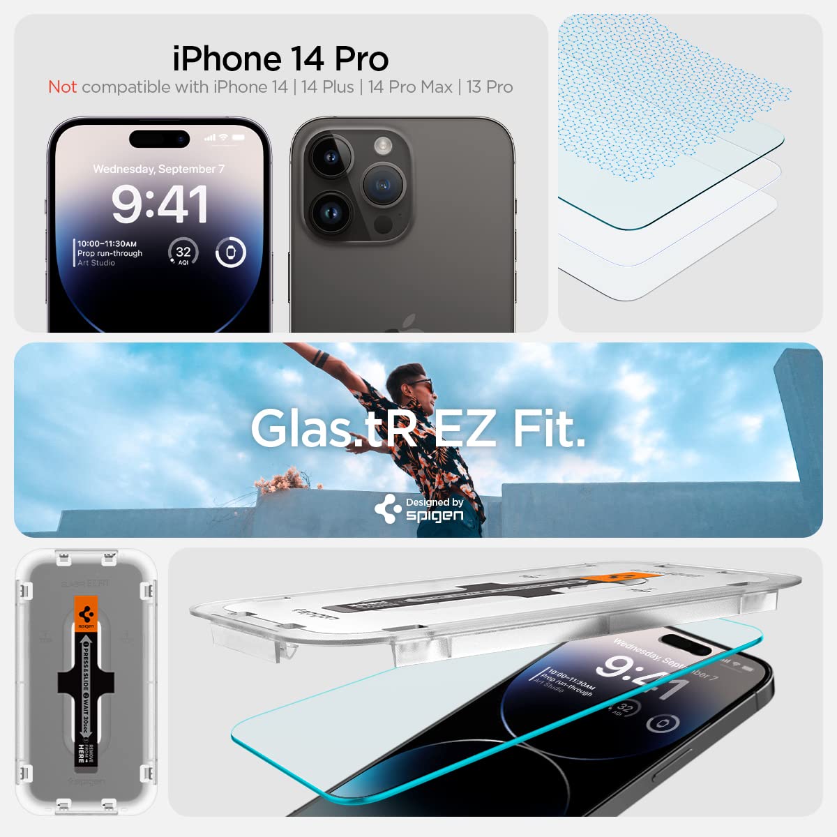 Spigen iPhone 14 Pro Screen Protector – GLAS.tR EZ Fit | Sensor Protected - iPhone 14 Pro compatibility and package contents