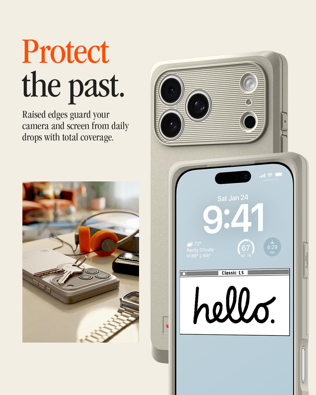 Spigen iPhone 17 Pro Max Classic LS MagFit case in Stone - raised camera and screen edge protection