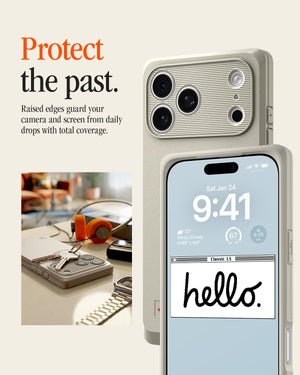 Spigen iPhone 17 Pro Max Classic LS MagFit case in Stone - raised camera and screen edge protection