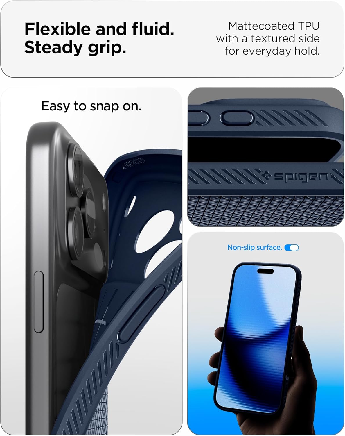 Spigen iPhone 17 Pro Liquid Air case in Navy Blue - flexible TPU and covered Camera Control details