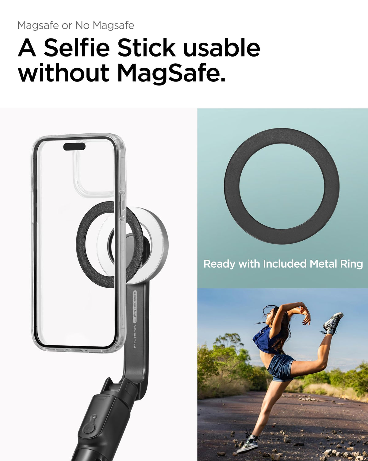 Spigen S580W 47.24-inch MagFit selfie stick tripod - magnetic phone mount detail